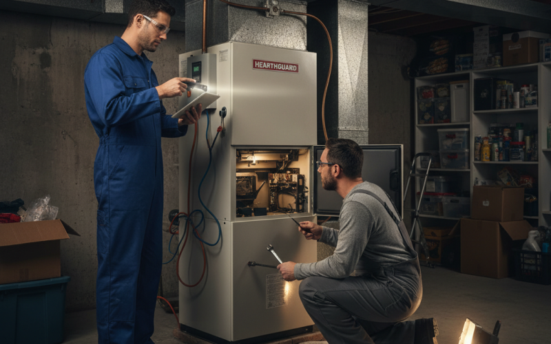 two men inspecting a furnace